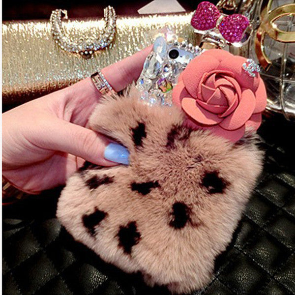 Fashion Rabbit Fur Hair Cover Rhinestone Case Diamond Perfume Bottle Glitter Bling Crystal Shell Protection For iPhone 5 6plus 5.5 inch